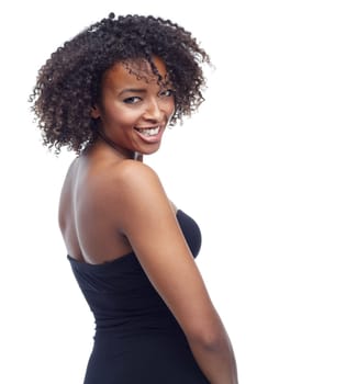 Portrait, black woman with smile and beauty for hair, texture and natural curls with cosmetics on white background. Cosmetology, makeup and haircare for growth, relax with confidence and happy.