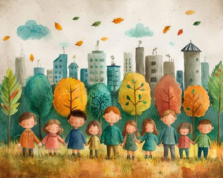 watercolor children holding hands against the background of a park and trees in 3k