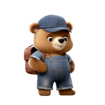 cartoon teddy bear in overalls with backpack and cap with alpha channel in 3k