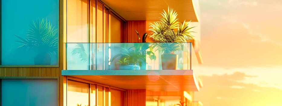 Warm sunset hues reflecting on a stylish home balcony with plants