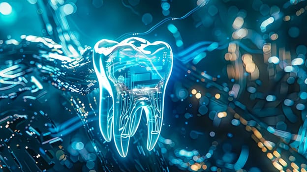 The innovative and futuristic concept of dental technology with neon lights and advanced treatments for oral health in dentistry and healthcare. Showcasing the abstract health concept