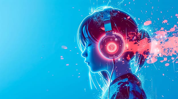 Vibrant illustration of a girl with headphones immersed in a dynamic splash of digital music elements