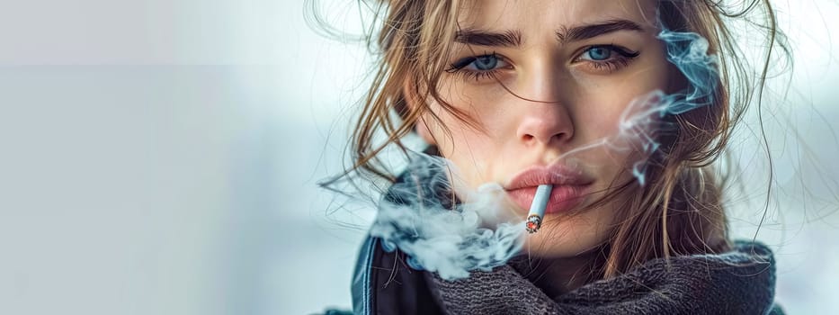 Young Woman Smoking a Cigarette in Winter, copy space