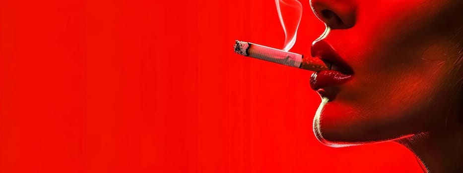 Close-up of Woman Smoking Cigarette on Red Background, copy space