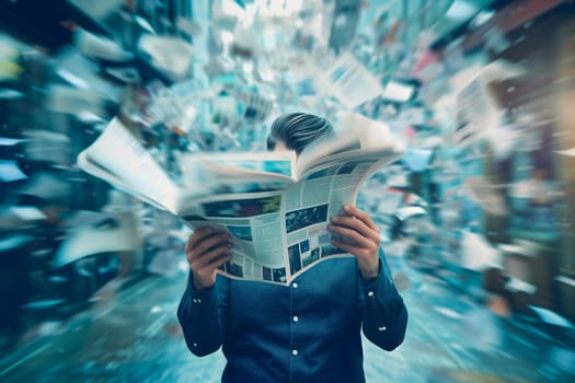 Physical newspaper exploding in a business man face, misinformation concept. Neural network generated image. Not based on any actual scene or pattern.