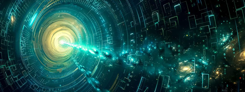 Futuristic Data Tunnel with Digital Elements and Cosmic Background.