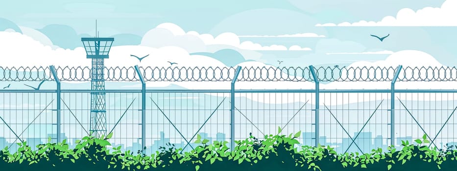 Illustration of Barbed Wire Fence and Watchtower with City Skyline and Birds.