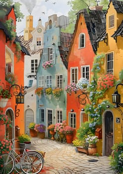 Vibrant painting featuring a row of colorful houses with bicycles parked in front. The intricate details of the windows, wheels, and tires make this artwork an impressive display of artistry