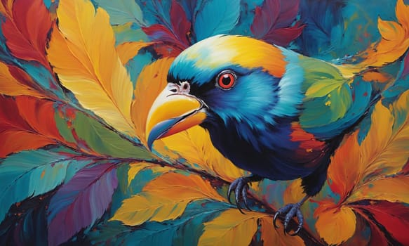 A striking painting of a vibrant bird amidst a backdrop of colorful foliage. The bold hues and intricate details capture the eye.