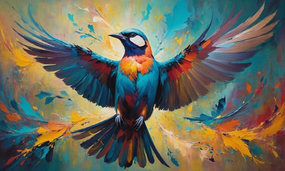 A striking painting of a vibrant bird amidst a backdrop of colorful foliage. The bold hues and intricate details capture the eye.