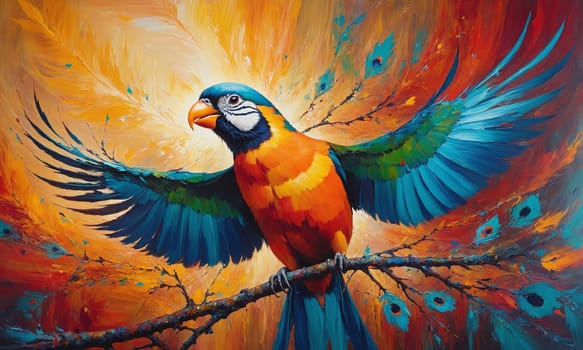 A vibrant parrot painted with oil, its wings spread wide in a majestic display of colors