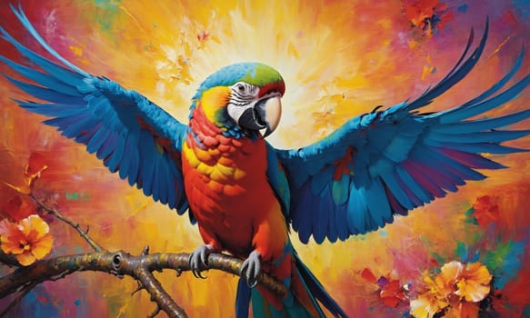 A vibrant parrot painted with oil, its wings spread wide in a majestic display of colors