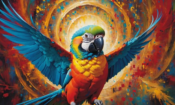 A vibrant parrot painted with oil, its wings spread wide in a majestic display of colors