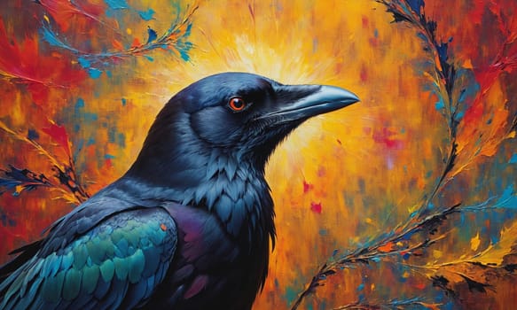 A breathtaking piece of art that captures the raven's gaze against a backdrop of vibrant colors. The painting's expressive brushstrokes and bold colors evoke a sense of mystical enchantment.