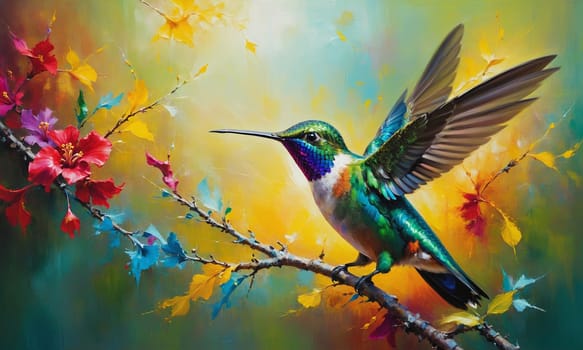 A vivid oil painting capturing a hummingbird mid-flight amidst blossoming flowers. The artwork radiates life and color.