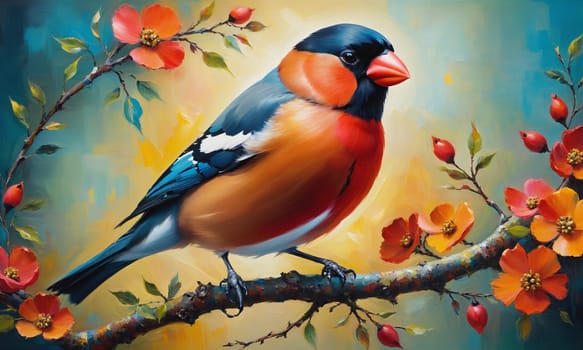 A vibrant oil painting depicting a colorful bullfinch sitting on a branch decorated with blooming flowers. Works of art radiate life and natural beauty.