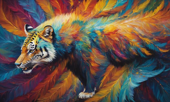 Stunning oil painting of a tiger with colorful fur. Vibrant hues and expressive brush strokes bring this work of art to life, imbuing it with strong emotion and energy.