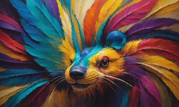 Stunning oil painting of a wolverine with a multi-colored mane. Vibrant hues and expressive brush strokes bring this work of art to life, imbuing it with strong emotion and energy.