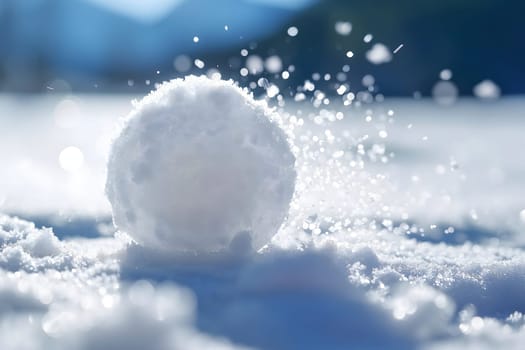 Snowball on snow covered ground at sunny winter day for snow ball effect concept. Neural network generated image. Not based on any actual scene or pattern.