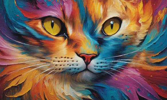 A captivating oil painting showcasing a cat with a fusion of vibrant colors. The intricate brushwork highlights the feline s mesmerizing eyes and textured fur.