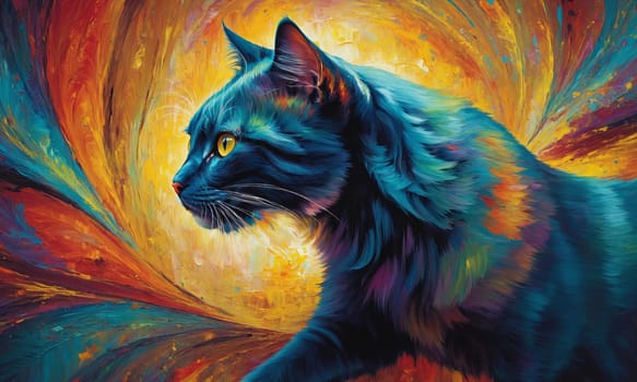 A captivating oil painting showcasing a cat with a fusion of vibrant colors. The intricate brushwork highlights the feline s mesmerizing eyes and textured fur.