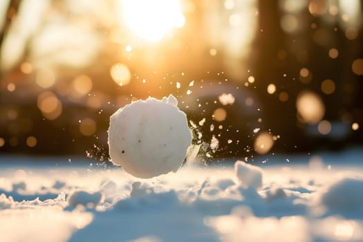 Snowball on snow covered ground at sunny winter day for snow ball effect concept. Neural network generated image. Not based on any actual scene or pattern.