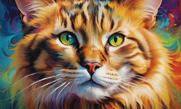 A captivating oil painting showcasing a cat with a fusion of vibrant colors. The intricate brushwork highlights the feline s mesmerizing eyes and textured fur.