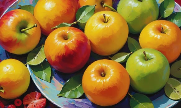 A stunning oil painting showcasing a variety of fresh and colorful apples with leaves in a decorative bowl. The vivid colors and rich textures bring the artwork to life.