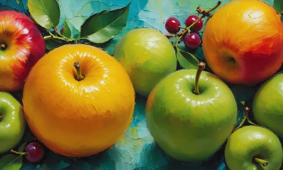 A stunning oil painting showcasing a variety of fresh and colorful apples with leaves in a decorative bowl. The vivid colors and rich textures bring the artwork to life.