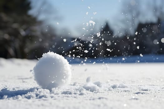 Snowball on snow covered ground at sunny winter day for snow ball effect concept. Neural network generated image. Not based on any actual scene or pattern.