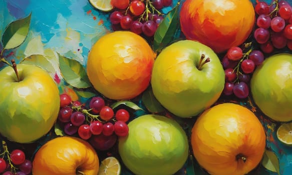 A stunning oil painting showcasing a variety of fresh and colorful apples with leaves in a decorative bowl. The vivid colors and rich textures bring the artwork to life.