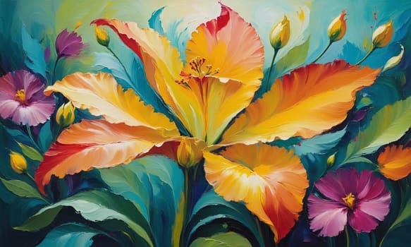 A stunning oil painting showcasing vibrant exotic flowers in full bloom. The rich colors and bold brush strokes bring the blossoms to life.