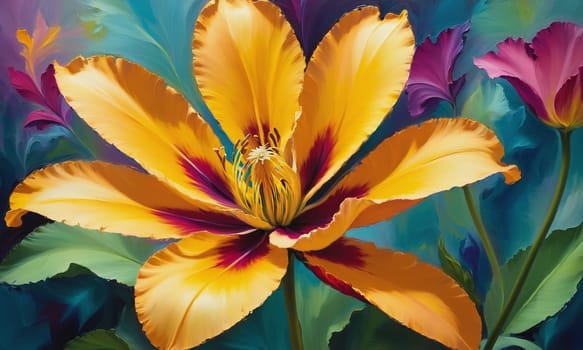 A stunning oil painting showcasing vibrant exotic flowers in full bloom. The rich colors and bold brush strokes bring the blossoms to life.