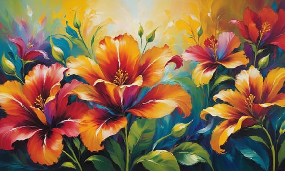 A stunning oil painting showcasing vibrant exotic flowers in full bloom. The rich colors and bold brush strokes bring the blossoms to life.