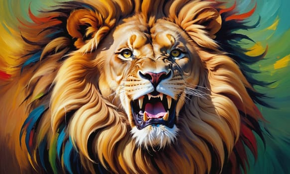 A stunning oil painting capturing a lion with a multicolored mane. The vibrant hues and expressive brush strokes bring this artwork to life with intense emotion and energy.