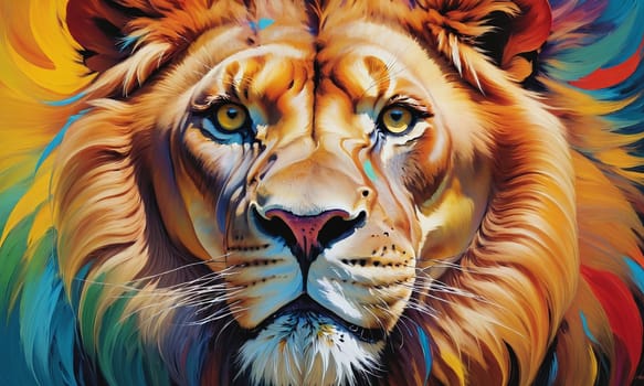 A stunning oil painting capturing a lion with a multicolored mane. The vibrant hues and expressive brush strokes bring this artwork to life with intense emotion and energy.