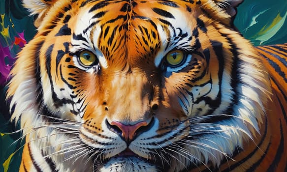 A stunning oil painting capturing a tiger s intense gaze and intricate details. The vivid colors and brush strokes bring this majestic creature to life.