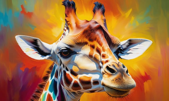 A stunning oil painting capturing a giraffe s grace against a backdrop of vivid colors. The detailed brushwork highlights the animal s elegant features and the dynamic background