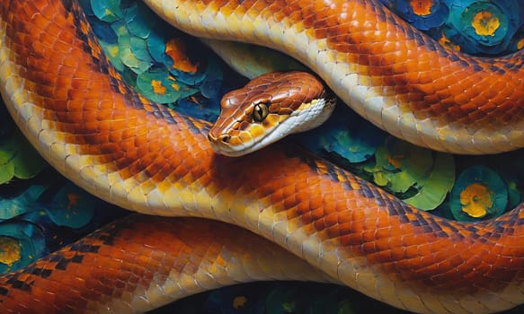 A captivating oil painting showcasing a vividly colored snake with intricate scale patterns coiled gracefully against a multi-hued background.