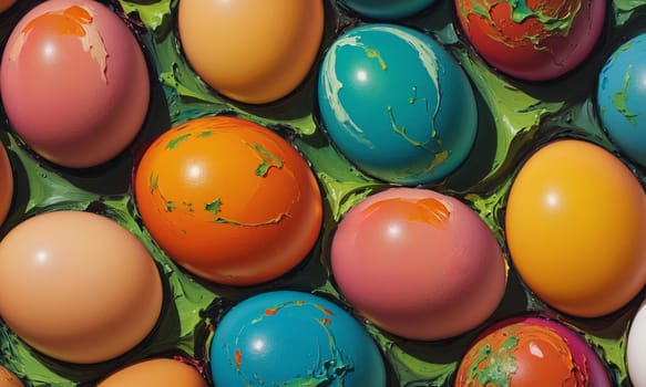 A close-up of vibrant Easter eggs hand-painted with oil paints showcasing a cracked paint effect on a glossy surface.