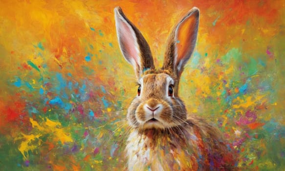 A captivating oil painting showcasing a majestic rabbit amidst a burst of vibrant colors. The detailed brushwork brings the subject to life against an abstract backdrop.