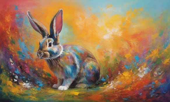 A breathtaking oil painting of a cute bunny amidst a riot of colorful flowers. Detailed brushwork brings the Easter Bunny to life against an abstract background.