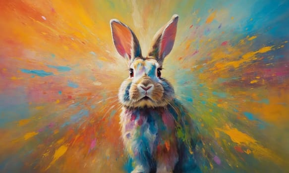A breathtaking oil painting of a cute bunny amidst a riot of colorful flowers. Detailed brushwork brings the Easter Bunny to life against an abstract background.
