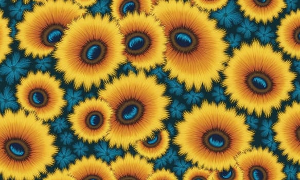 A captivating oil painting showcasing golden sunflowers with a rich texture against a contrasting deep blue background adorned with green leaves.