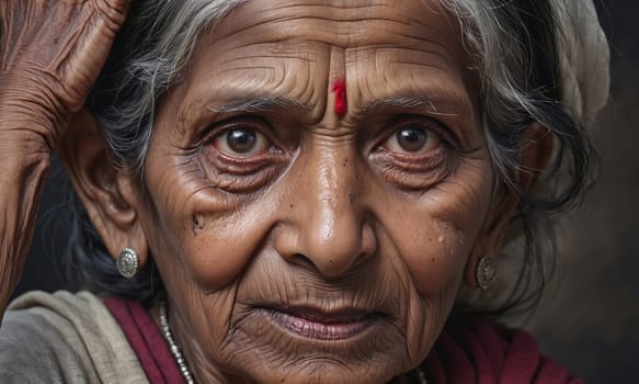 A close-up portrait that captures the mysterious essence of an elegant older Indian woman. The image evokes a feeling of mystery and depth.