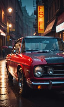 A classic red car with a shiny exterior is parked on a wet city street. The rain enhances the vibrant color of the vintage automobile.