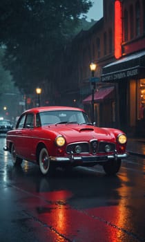 A classic red car with a shiny exterior is parked on a wet city street. The rain enhances the vibrant color of the vintage automobile.
