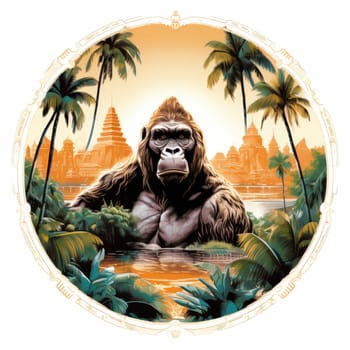 King Kong against a tropical background. Template for t-shirt print, mtiker, poster, etc.