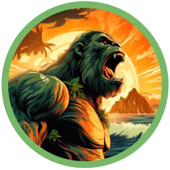 King Kong against a tropical background. Template for t-shirt print, mtiker, poster, etc.