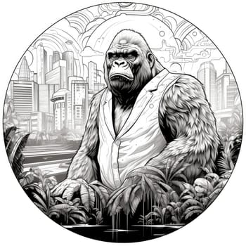 King Kong against a urban background. Template for t-shirt print, mtiker, poster, etc.